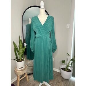 HM Teal Green Pleated Wrap Midi Dress Long Balloon Sleeve V-Neck XL
